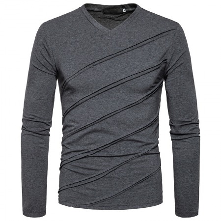 Fashion Fold Long Sleeve V-Neck Solid Color T-Shirt