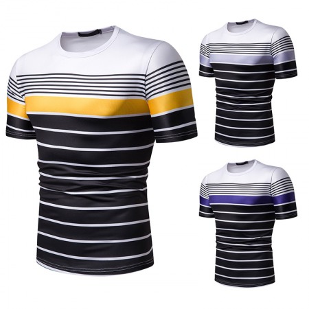 New Summer Men's Short-Sleeved T-Shirt Mens Contrast Striped Slim Casual T-Shirt